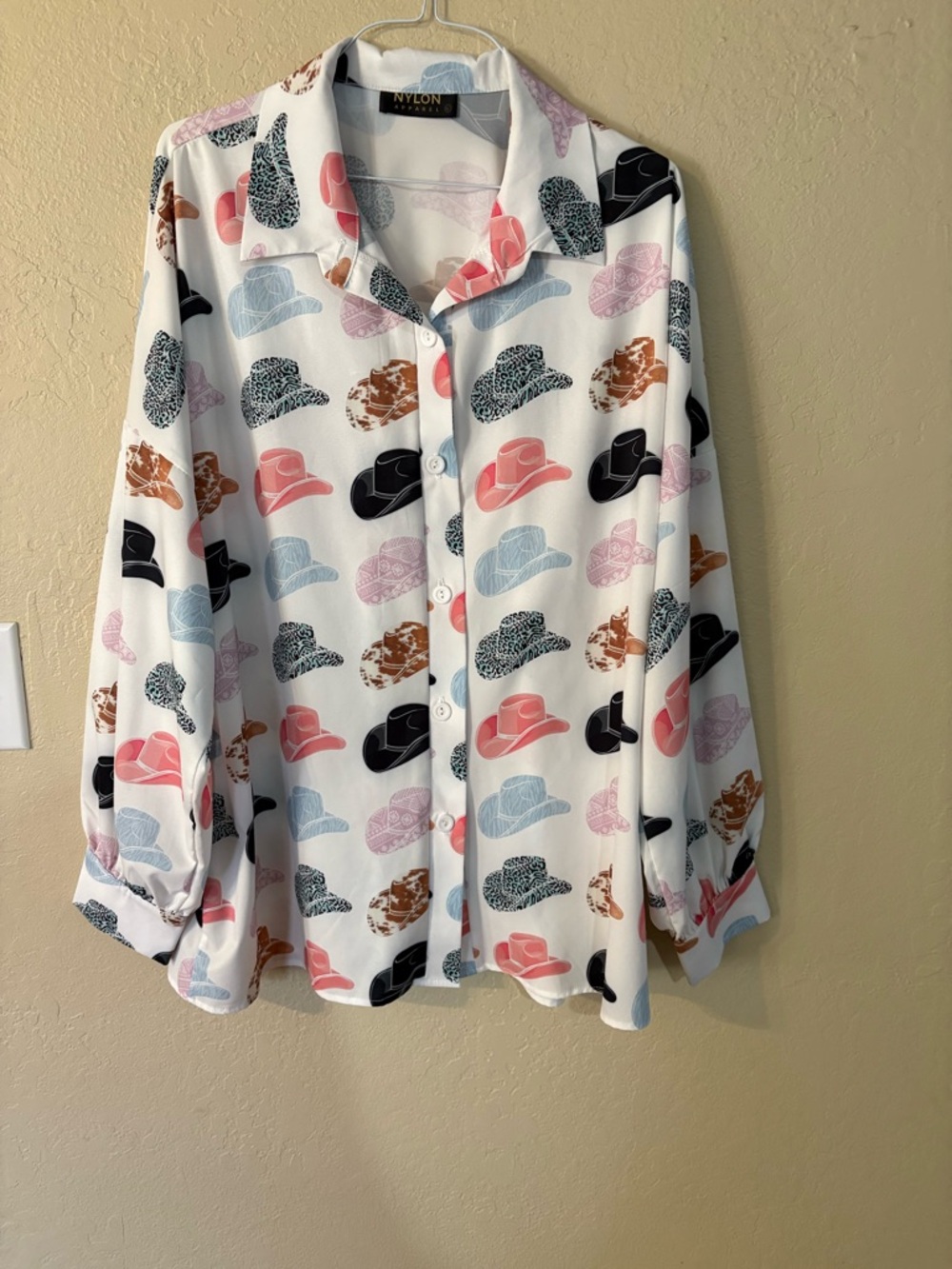Nylon Life Western Hat Print Button-Up Blouse in White with Multi-Color Hats
